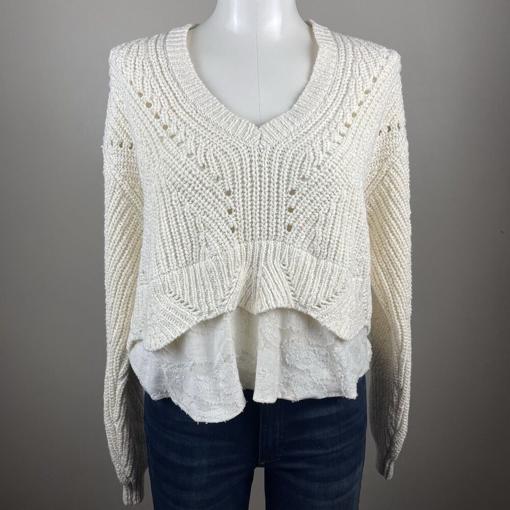 NWT Anthropologie Large Off White Chunky Knit Layered V-neck Pullover Sweater